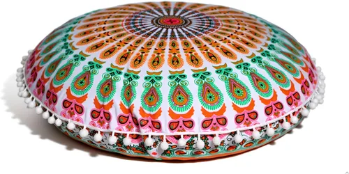 Miniatura 17 de Funda de almohada redonda con diseño de mandala, para asiento, otomano, con pompones, hippie, decorativo, bohemio, indio, de 22 pulgadas