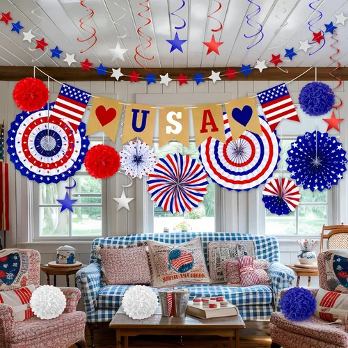 Miniatura 8 de 26 decoraciones del 4 de julio, 250 decoraciones para fanáticos del papel del Día de los Caídos, blanco, azul, rojo, blanco, azul, pancarta del 4