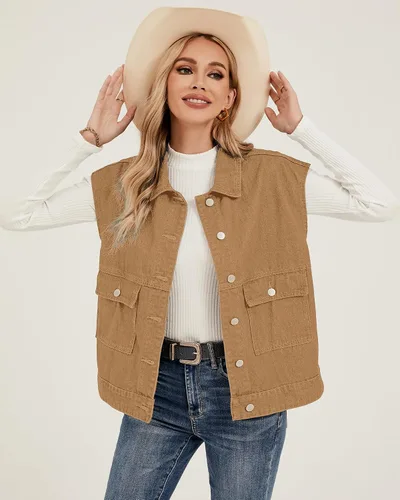 Miniatura 5 de luvamia Denim para mujer, de gran tamaño, con botones, sin mangas, chaqueta vaquera a la moda, casual, ropa de abrigo occidental con bolsillos