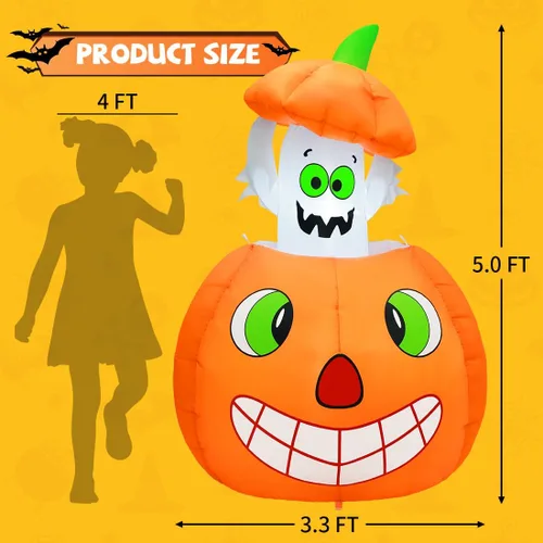 Miniatura 5 de COMIN Inflables de Halloween de 5 pies con fantasmas animados de calabaza para exteriores, decoración de patio inflable con LED integrados