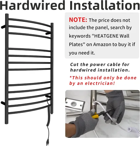 Miniatura 4 de HEATGENE - Calentador de toallas de montaje en pared, enchufe/cableado eléctrico, estante de toallas calentado, 4 soportes, negro mate