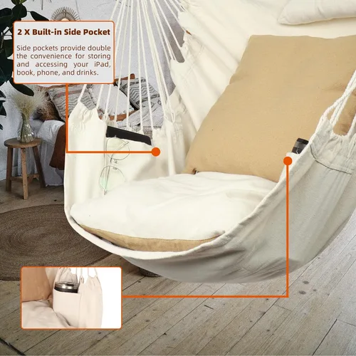 Miniatura 3 de Silla hamaca colgante con cuerda – Máximo 500 libras – 2 cojines y 1 almohada para el cuello incluida – Barra separadora de acero resistente