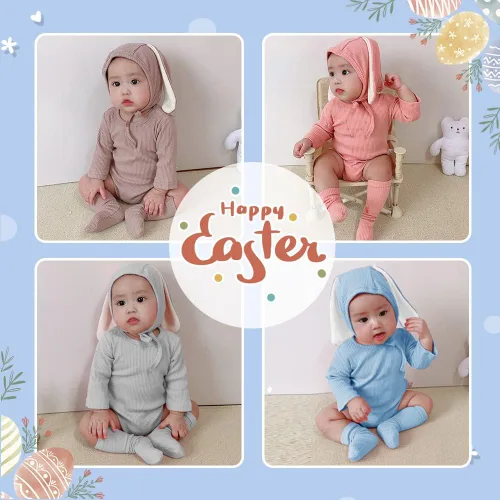 Miniatura 5 de Xifamniy Traje de conejo de Pascua para bebé, mameluco con orejas de conejo 3D para bebé recién nacido, Azul