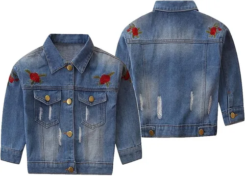 Miniatura 8 de IBAKOM Chaqueta de mezclilla para niña, chaqueta de mezclilla azul para niños, con botones, otoño e invierno, abrigo con capucha rasgada, ropa