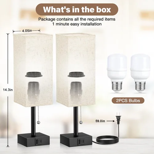 Miniatura 7 de Fenmzee Juego de 2 lámparas de noche para dormitorio, pequeña lámpara rectangular para mesita de noche con puerto de carga USB A C, luz