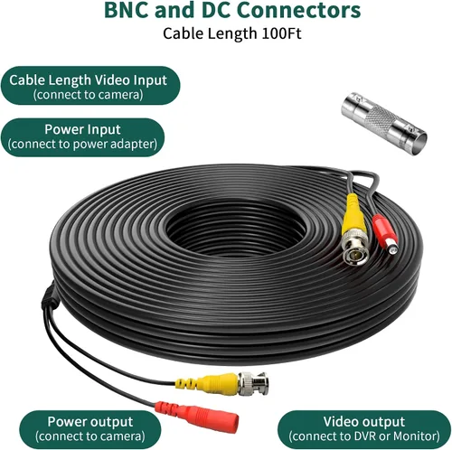Miniatura 3 de Cables de cable BNC de alimentación de video negro de 25 pies compatibles con cámaras de seguridad Zosi CCTV DVR