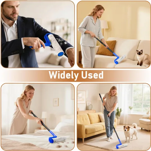 Miniatura 6 de Rodillo de pelusa grande de 10 pulgadas para pelo de mascotas extra pegajoso, rodillos de pelusa de suelo de mango largo con rodillos de pelusa Azul