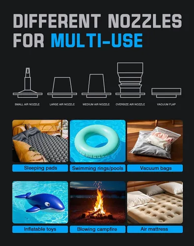 Miniatura 4 de Mini bomba de aire, bomba recargable portátil con batería de 1600 mAh, 5 boquillas, luz de campamento, inflado/desinflado rápido para inflables