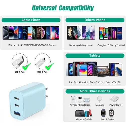 Miniatura 7 de Paquete de 2 bloques de cargador para iPhone 17, bloque de cargador USB C de 35 W y 3 puertos de carga rápida, enchufe de pared multipuerto USB C