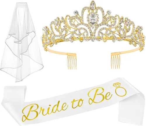 Miniatura 9 de JETKONG 3 Piezas Decoraciones de Despedida de Soltera Corona de Ducha Nupcial, Banda y Velo de Novia para Mujeres Regalos de Despedida de Soltera