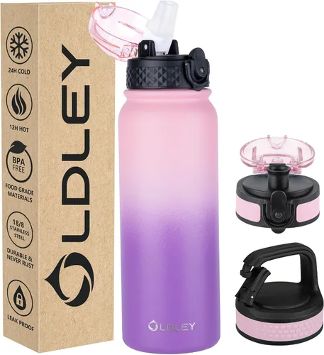 Miniatura 14 de Botella de agua aislada Oldley de 12 oz con pajita, botella de agua de acero inoxidable con 2 tapas, botellas de doble pared con vacío para adultos