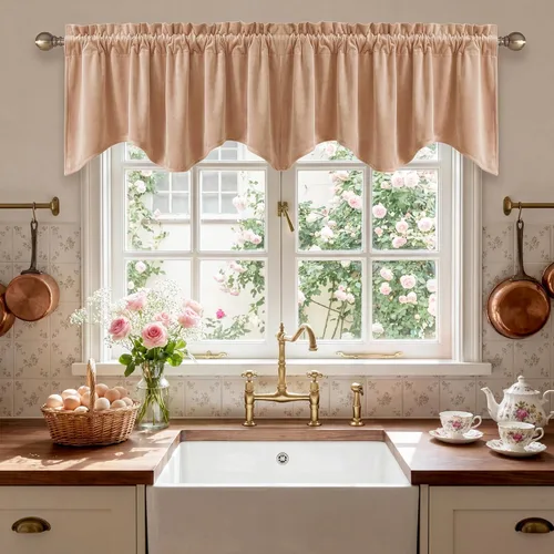 Miniatura 28 de StangH Cortinas decorativas de lujo, cenefa azul con bloqueo de luz, cenefa festoneada para ventana pequeña con bolsillo sólido para barra, cortina