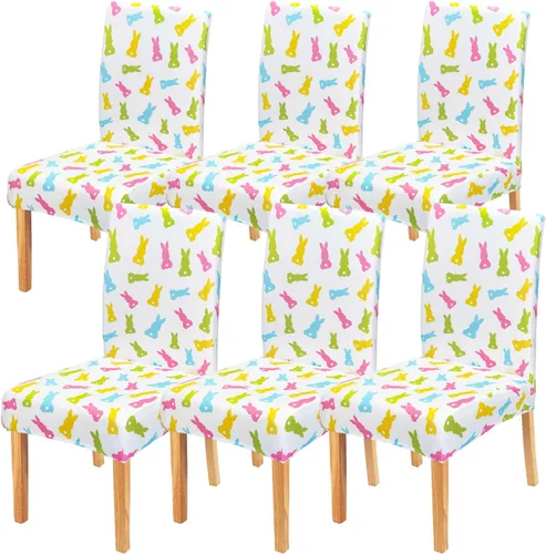 Miniatura 14 de Juego de 4 fundas para sillas de comedor de Pascua, fundas coloridas para sillas Parsons, conejos, conejos, fundas de asiento de silla