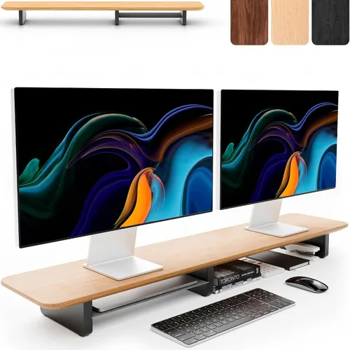 Miniatura 10 de KIVY Elevador de monitor doble con estante de metal integrado [hecho a mano], estante de escritorio de madera para 2 monitores, soporte largo ancho