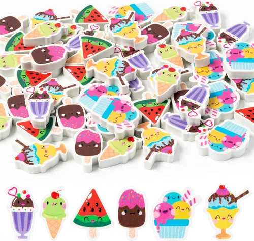 WATINC 60 unidades de borradores de helado de regreso a la escuela, para niños, a granel, sandía, chocolate, paleta, lápiz, gomas, bolas de helado,