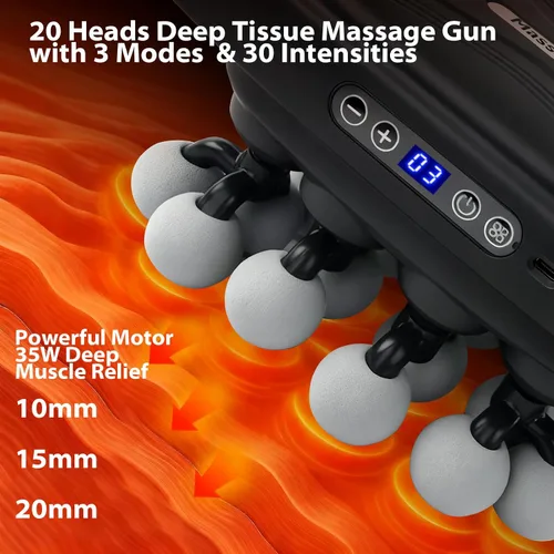 Miniatura 2 de Pistola de masaje de 20 cabezas, pistola masajeadora de tejido profundo con 3 modos y 30 niveles, masajeador muscular para aliviar el dolor