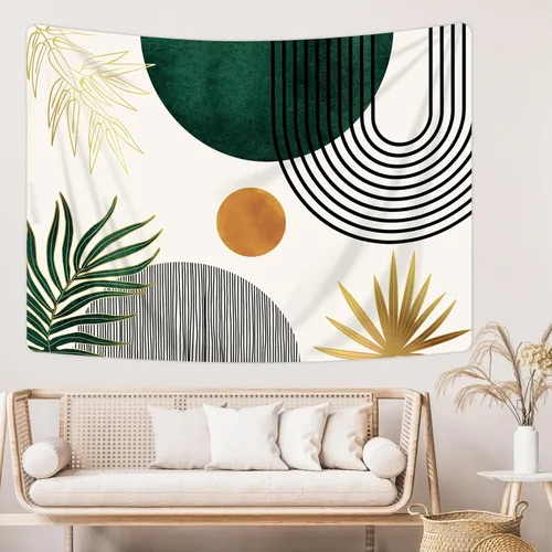Miniatura 6 de KOMLLEX Mid Century Abstract Tapestry 59Wx51H Boho Neutral Arch Sun Leaves Minimalist Modern Geometric Simple Black Gold Aesthetic Wall Hanging