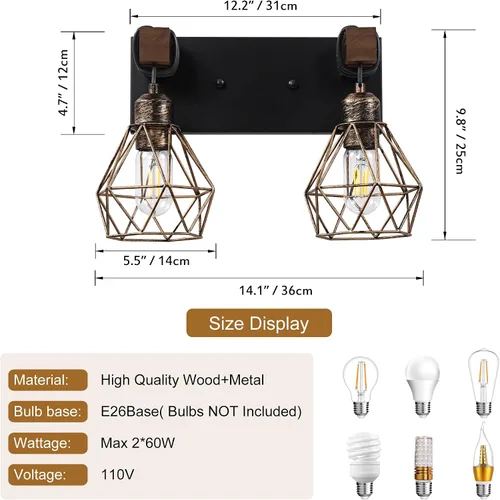 Miniatura 4 de Lámpara de tocador estilo casa de campo para baño, luminarias de tocador de baño de 2 luces negra dorada de madera sobre espejo, apliques rústicos