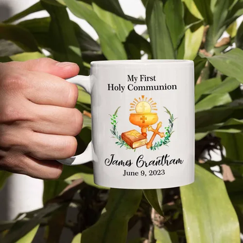 Miniatura 5 de Tazas personalizadas de la Santa Comunión de 11 onzas y 15 onzas, taza de café blanca con texto en inglés "My First Holy Communion", regalos