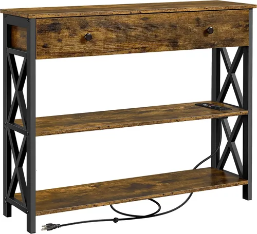Miniatura 12 de Topeakmart Mesa consola de 40 pulgadas con 2 salidas y 2 puertos USB, mesa de entrada extra larga con cajón y diseño en forma de X, mesa de sofá Gris