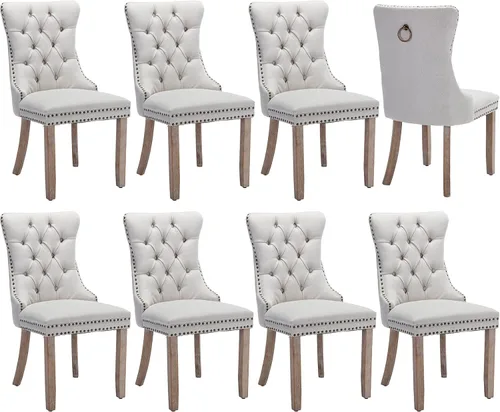Miniatura 60 de Juego de 2 sillas de comedor modernas, sillas de comedor tapizadas acolchadas con patas de madera maciza, silla de cocina de tela de lino beige