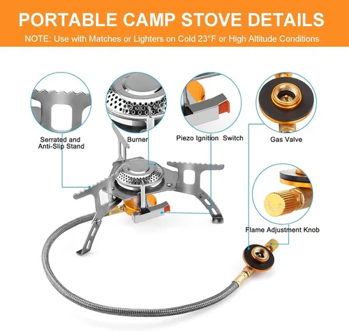 Miniatura 4 de WADEO Estufa de gas para camping, estufa portátil de 3700 W con encendido piezoeléctrico, quemador portátil, adaptador de estufa de camping y funda