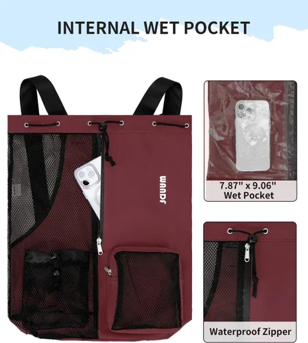 Miniatura 3 de WANDF Mochila de Malla con Cordón para Natación, con Bolsillo para Artículos Húmedos, para Natación, Gimnasio y Equipo de Entrenamiento Rojo