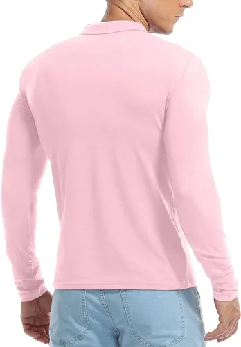Miniatura 5 de KUYIGO Camisas polo casuales de manga larga para hombre, cuello mandarín, ajuste delgado, tops de algodón a la moda