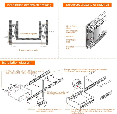 Miniatura 5 de 3 pares de correderas de cajón de 10 pulgadas, rodamiento de bolas de extensión completa resistente, rieles de cajón de montaje lateral, correderas
