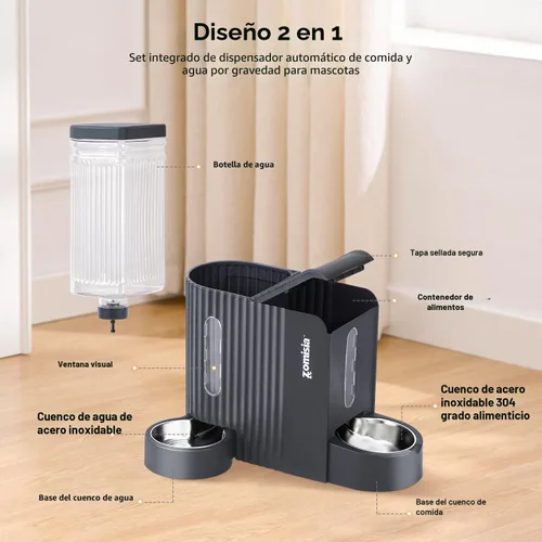 Miniatura 2 de ZOMISIA Alimentador de gravedad para gatos y dispensador de agua con cuencos de acero inoxidable 304, alimentador automático 2 en 1 para gatos