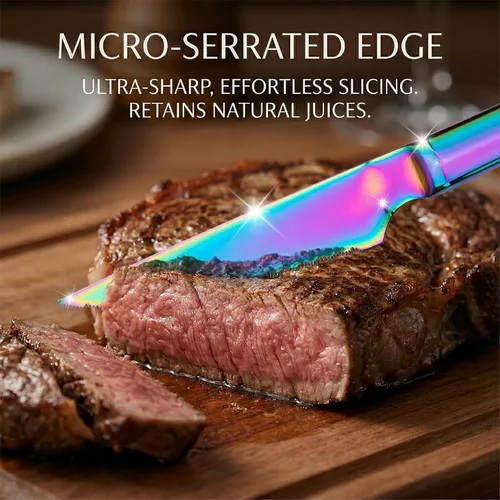Miniatura 8 de Paquete de 6 cuchillos de carne de acero inoxidable arcoíris, iridiscentes dentados afilados para mesa de cocina