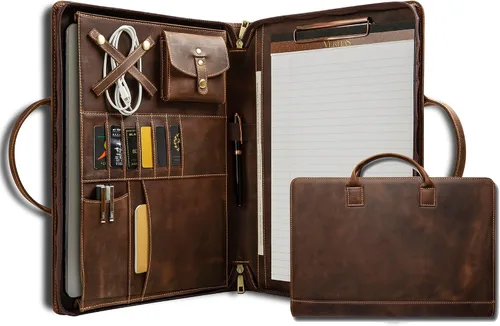 Miniatura 14 de Portafolio de Cuero Genuino, Organizador Padfolio con Asa, Padfolio Personalizado, Padfolio con Cremallera para Hombres y Mujeres, Adecuado