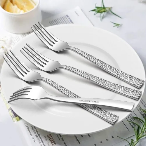 Miniatura 4 de LIANYU Juego de cubiertos martillados de 24 piezas con tenedores de ensalada adicionales, cubiertos cuadrados de acero inoxidable para 4, utensilios
