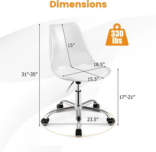Miniatura 3 de COSTWAY Silla de escritorio transparente, sillas de oficina de acrílico rodantes sin brazos con asiento giratorio y cojín de piel sintética, altura