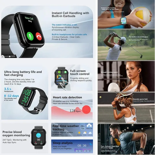 Miniatura 3 de Tuanzi Reloj inteligente T1 2 en 1 con auriculares inalámbricos 1.8 pulgadas HD Fitness Tracker con monitor de frecuencia cardíaca 19 modos