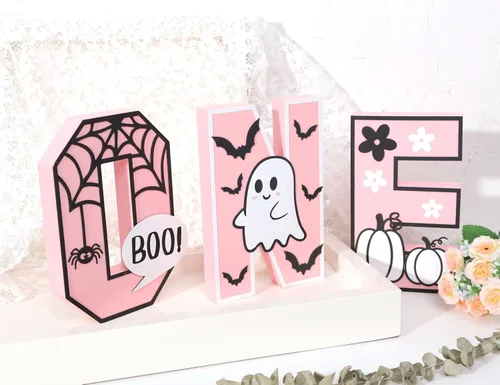 Miniatura 8 de Letrero de madera de Halloween One – Decoración de mesa de centro de mesa de madera rosa de Halloween, decoraciones de Halloween para interiores