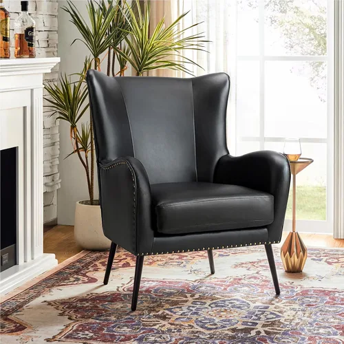 Miniatura 22 de HULALA HOME Silla decorativa de piel sintética con cojín extraíble, cómodo sillón tapizado con patas de metal negro y ribete de cabeza de clavo