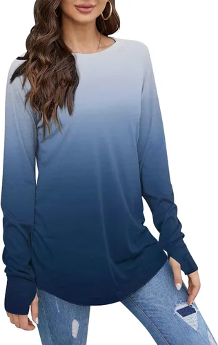 ZWSPTO Camisetas básicas de manga larga para mujer, cuello redondo, color sólido, blusa tipo túnica con agujeros para el pulgar