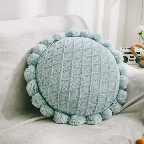 vctops Lindos pompones de punto almohadas con inserto geométrico, cojín redondo suave para sofá cama (azul, diámetro de 20 pulgadas)