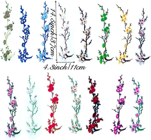 Miniatura 3 de MSCFTFB 5 parches para planchar con flores de ciruelo de 14 pulgadas de largo, parches bordados florales, apliques para escote, zapatos, jeans, Azul