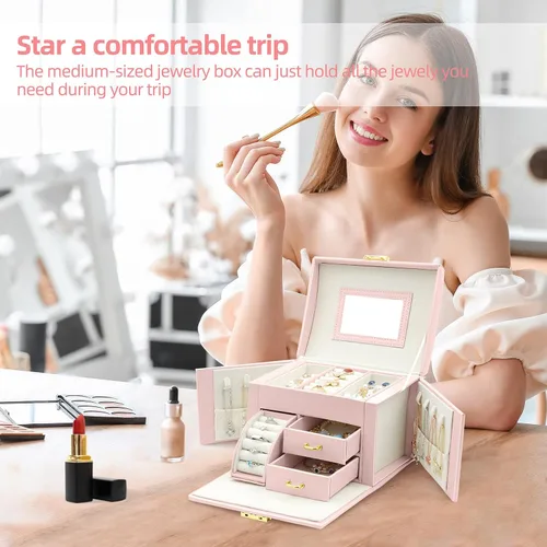 Miniatura 5 de MUEUSS Caja organizadora de joyas para niñas y mujeres, regalo ideal, joyero portátil de viaje con espejo y cerradura para collar, aretes, anillos