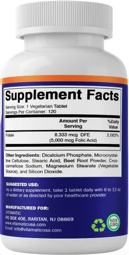 Miniatura 7 de Vitamatic Ácido fólico 5 mg (5000 mcg) - 120 tabletas vegetarianas de vitamina B9 de alta potencia (Folato) para la salud celular, apoyo cardíaco