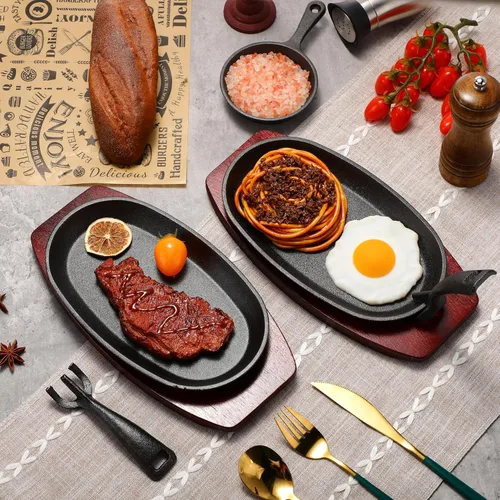 Miniatura 3 de Mifoci Juego de 12 sartenes ovaladas de hierro fundido para fajita, plato pequeño para carne chisporroteante con base de madera y mango, sartén