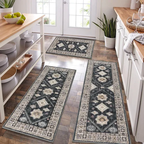 Miniatura 29 de HEBE - Juego de alfombras de cocina bohemias de 3 piezas con corredor, alfombras de cocina antideslizantes y tapetes lavables para piso de cocina