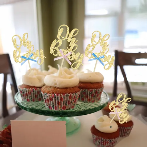 Miniatura 6 de Gyufise 36 piezas Adornos para cupcakes Oh Baby con moño azul y rosa, brillante dorado, adornos para cupcakes de baby shower, adornos para cupcakes