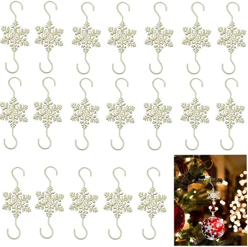 Ganchos de adorno para decoración colgante, 20 ganchos dorados en forma de S de copo de nieve – Colgadores de árbol de Navidad con puntas de cuentas