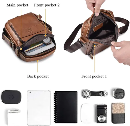 Miniatura 5 de BAIGIO Bolso de mensajero pequeño de cuero genuino para hombre, bolso de hombro para Ipad, bolso cruzado para hombre, bolso de viaje de negocios