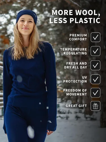 Miniatura 5 de Merino.tech Capa base de lana merina para mujer, 100% lana merina, ligera, de peso medio, manga larga, camisas térmicas + calcetines de lana