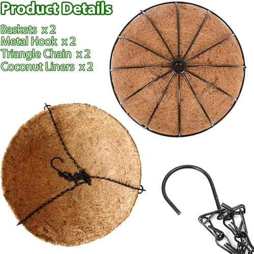 Miniatura 4 de LCHUANG Cestas colgantes para plantas, paquete de 2 cestas de metal de 10 pulgadas con forro de fibra de coco, macetas colgantes para exteriores