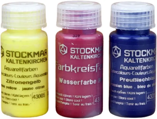 Stockmar Juego de pintura de acuarela, incluye rojo carmín, amarillo limón, azul ultramarino, pintura lavable para niños, estudiantes y artistas (3